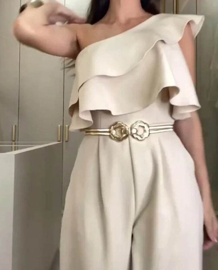 Jumpsuit Women 2024 Summer Fashion Ruffle Hem One Shoulder Casual Plain Sleeveless Daily Long Wide-Leg Jumpsuit Without Belt - AIAZ