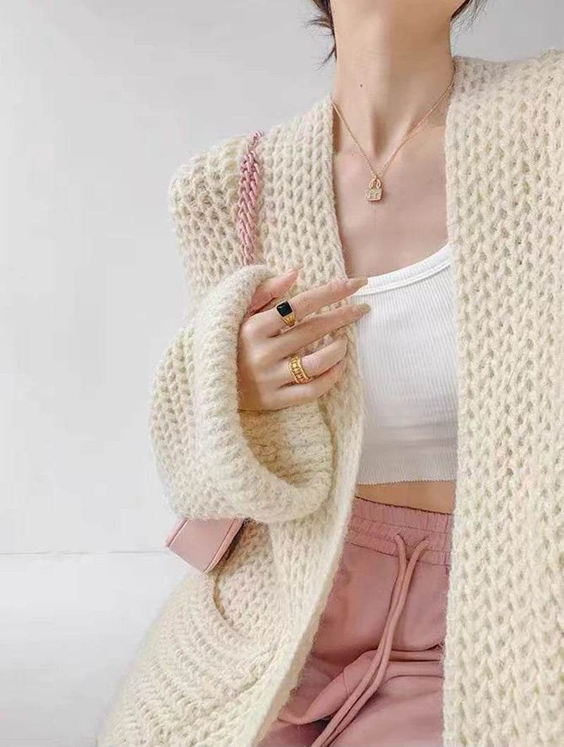 Korean Cardigan Sweater for Women Autumn Winter Loose Lazy Style Female Midi Knit Coats Fashion V Neck Casual Big Pocket Jumpers - AIAZ