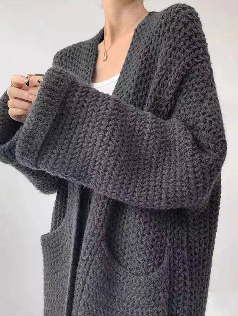 Korean Cardigan Sweater for Women Autumn Winter Loose Lazy Style Female Midi Knit Coats Fashion V Neck Casual Big Pocket Jumpers - AIAZ