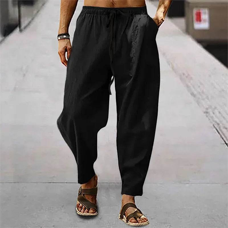 2025 Men Cotton Linen Pants Summer and Autumn Solid High Waist Wide-Leg Trousers Male Loose Hemp Casual Breathable Sports Pants - AIAZ