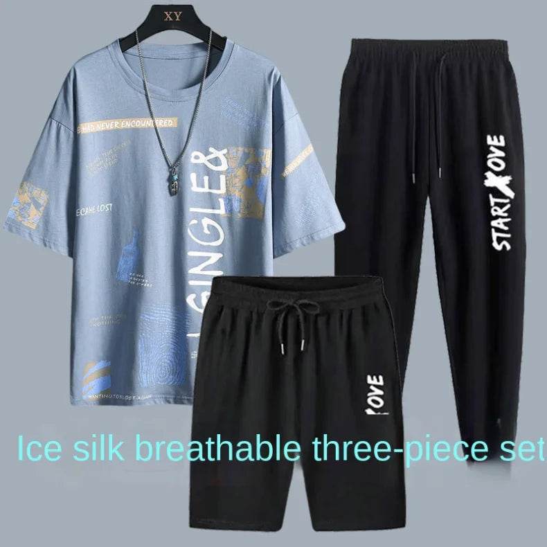 Trendy short-sleeved t-shirt youth quick-drying sports shorts three-piece summer men's casual thin student suit - AIAZ