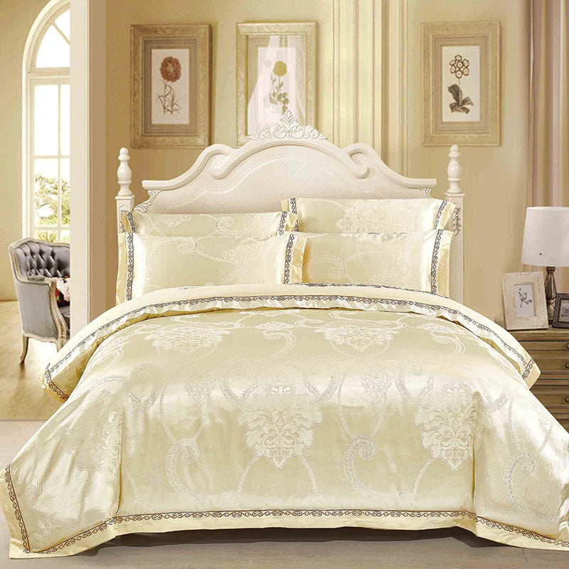 Sliver Gold Luxury Silk Satin Jacquard duvet cover bedding set queen king size Embroidery bed set bed sheet/Fitted sheet set
