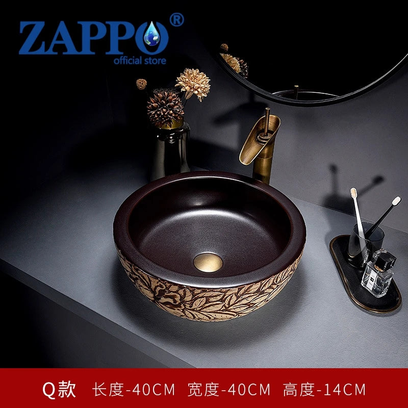 ZAPPO Round Vessel Sink with Faucet Drain JinDezhen Ceramic Vessel Sinks Oval Bathroom Sink Bowl Above Counter with Mixer Tap