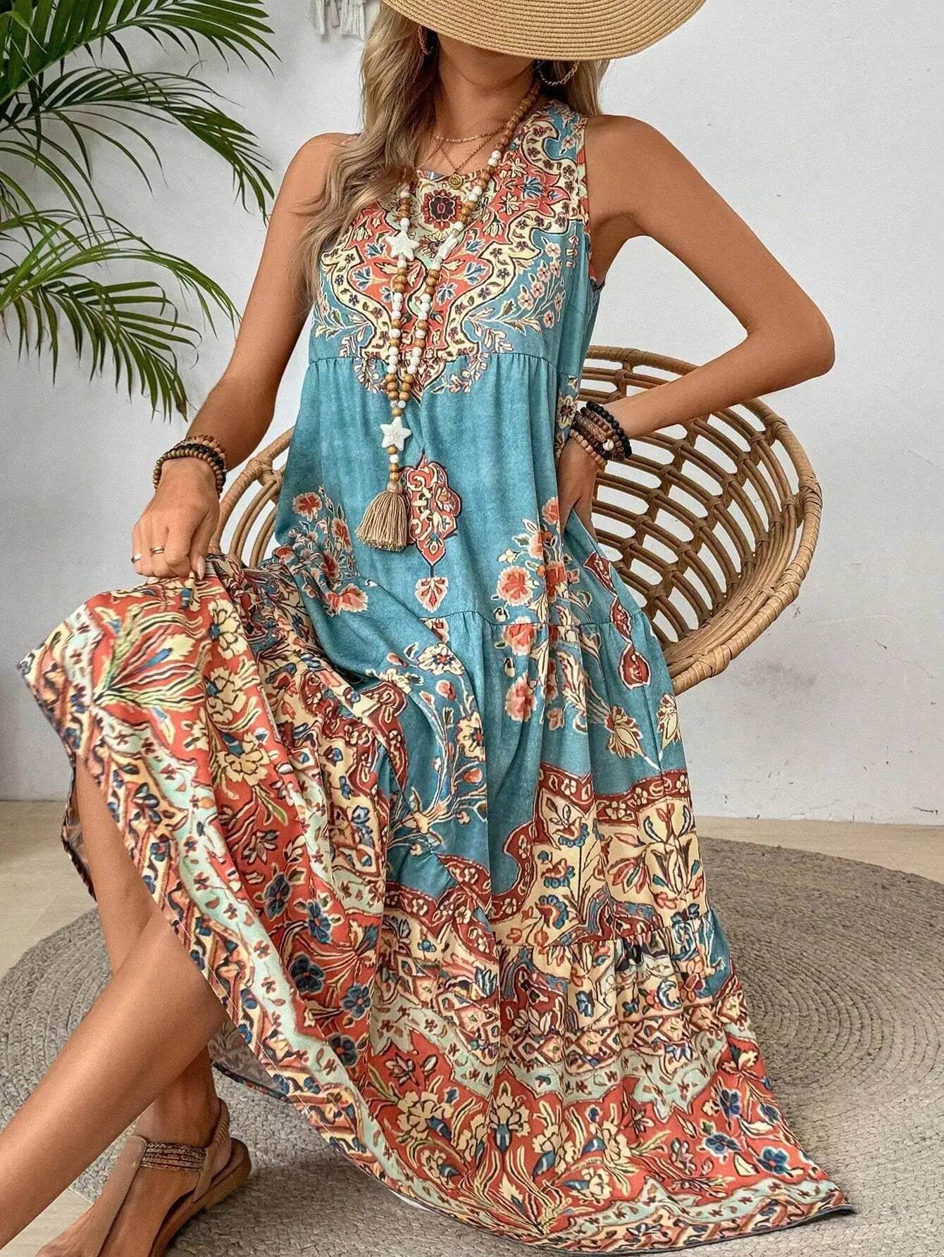 Women Vintage Print Sleeveless O-neck Vest Long Dresses 2025 Summer Fashion New Beach Vacation A-line Dress Woman Loose Dress - AIAZ