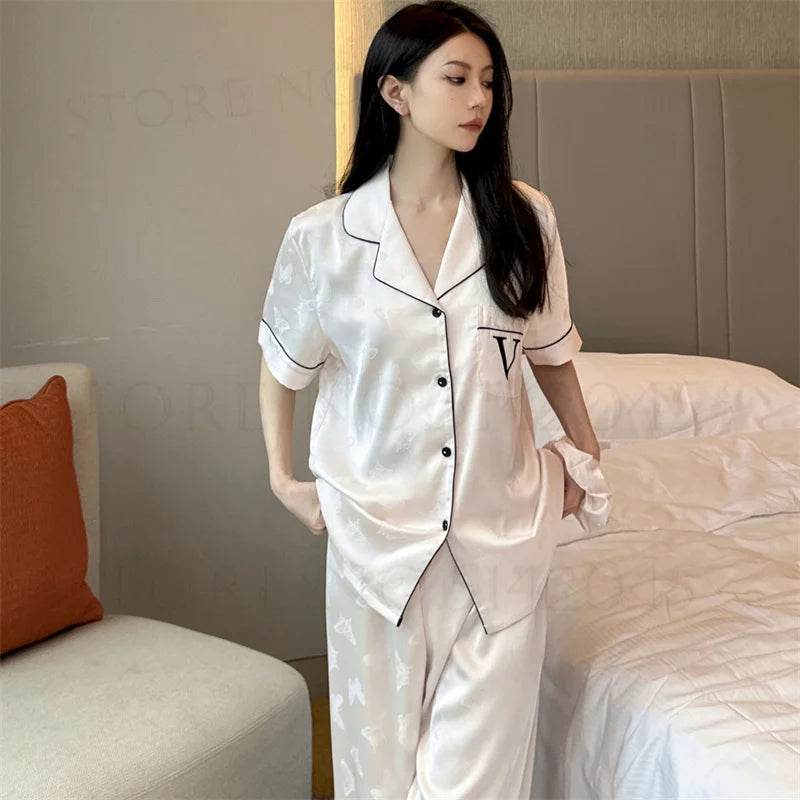 Summer Short Sleeve Pajamas Set Trouser Suits Women Sleepwear Elegant Pink Jacquard Butterfly Pyjama Pour Femme Satin Homewear - AIAZ