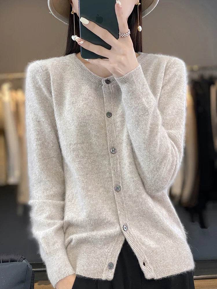 Women's Cardigan 100% Mink Cashmere Sweater,O-Neck Long Sleeve Top,Plus-Size Loose,Spring and Autumn Soft Knitted Jacket Female - AIAZ