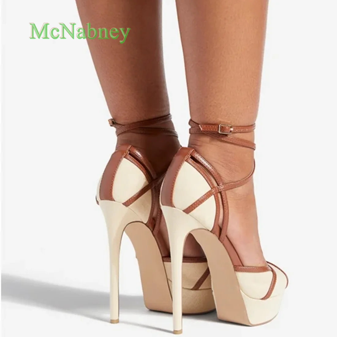 Beige Platform Round Peep Toe Women Sandals Thin High Heels  Cross Strap Summer Stilettos Sexy Shoes 2025 New Arrivals Solid