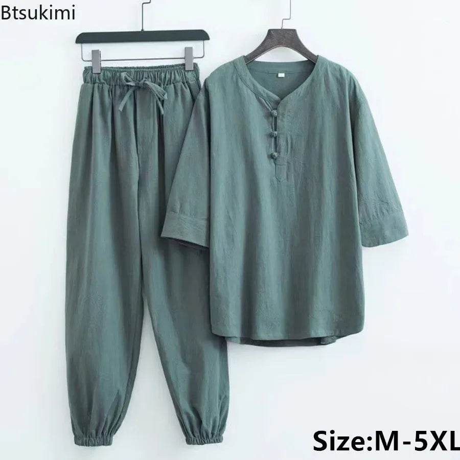 New Men's Cotton Linen Sets Chinese Style Solid Short Sleeve Pants Two Pieces Traditional Clothes Kung Fu Uniform Tang Suit Male - AIAZ