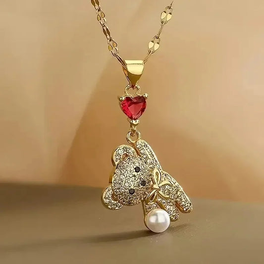 1 Piece Stainless Titanium Steel Chain Cute Bow Red Love Heart Balloon Bear Pendant Necklace Women's Romantic Jewelry Girls Gift