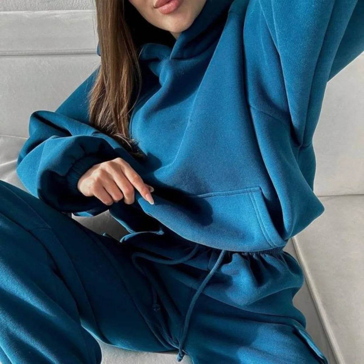 Hoodies Suit Winter Autumn Solid Casual Tracksuit Women Fleece 2 Pieces Set Sports Sweatshirts Pullover Jogger Sweatpants Outfit - AIAZ