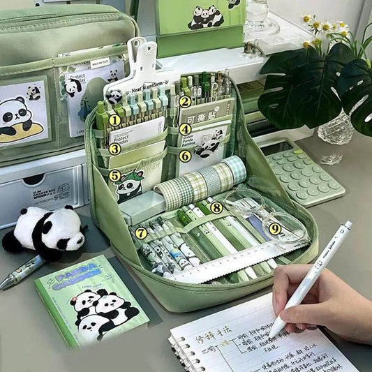 Panda School Supplies Set Cute Aesthetic Learning Stationery Set Writing Tools Accessories With Stickers Keychain Pencil Case - AIAZ