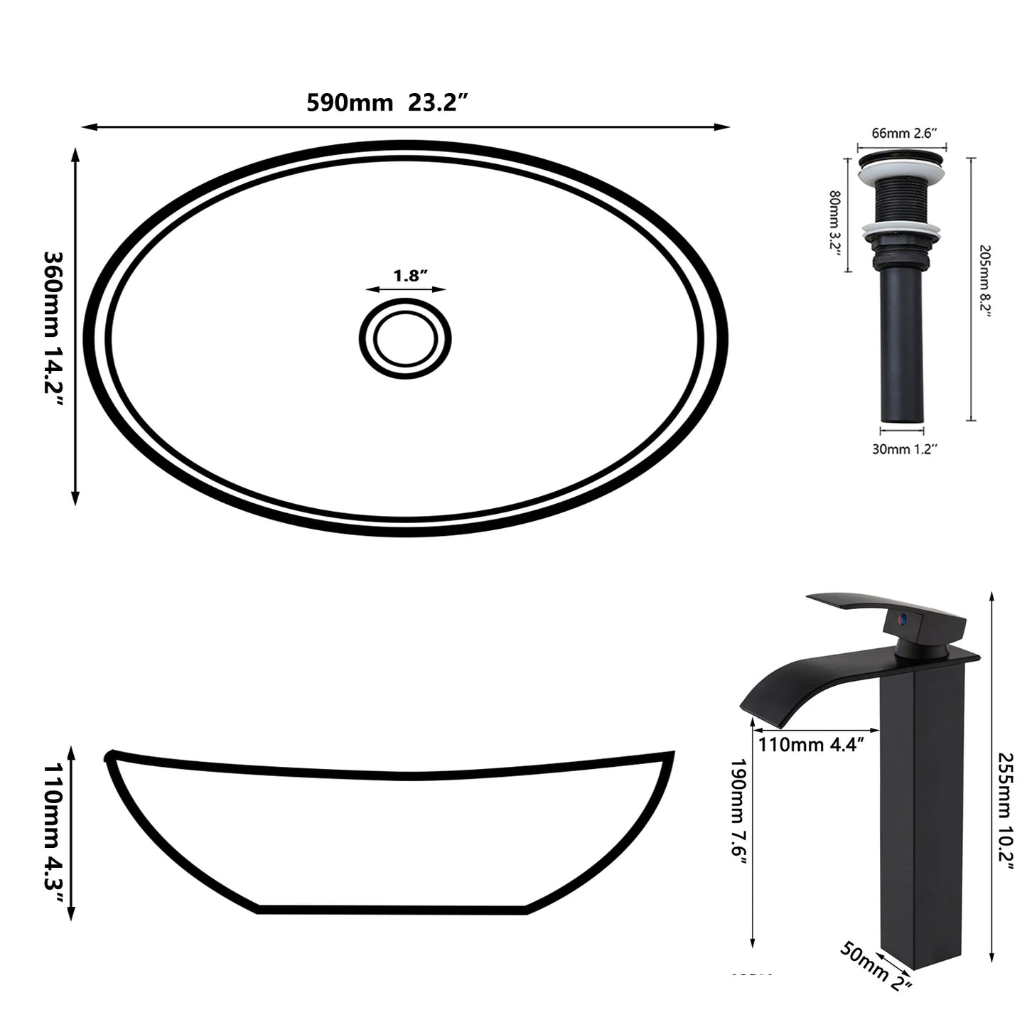 JIENI European Style Bathroom Sink Set Ceramic Washbasin Black Waterfall Faucet Pop Up Drain Combo Oval Counter Top Sinks