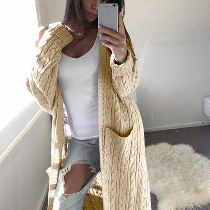 Women Knitted Cardigan Sweater Top Autumn Winter Vintage Fashion Loose Warm Long Sleeve Pocket Twisted Long Knitwear Outwear - AIAZ