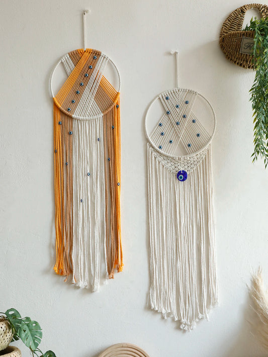 Handmade Macrame Wall Hanging with Fringe and Evil Eye Beads – Boho Chic Yarn Tapestry Home Bedroom Living Room or Nursery Decor
