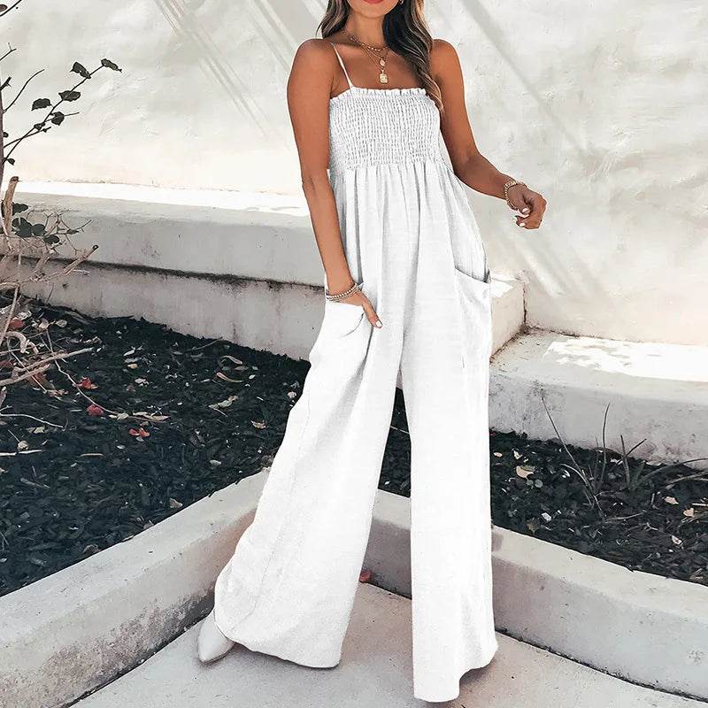 Summer New Suspender Jumpsuit Casual Commuting Women's Clothing Fashion Solid Color Elastic Waist Pocket Wide Leg Jumpsuit - AIAZ