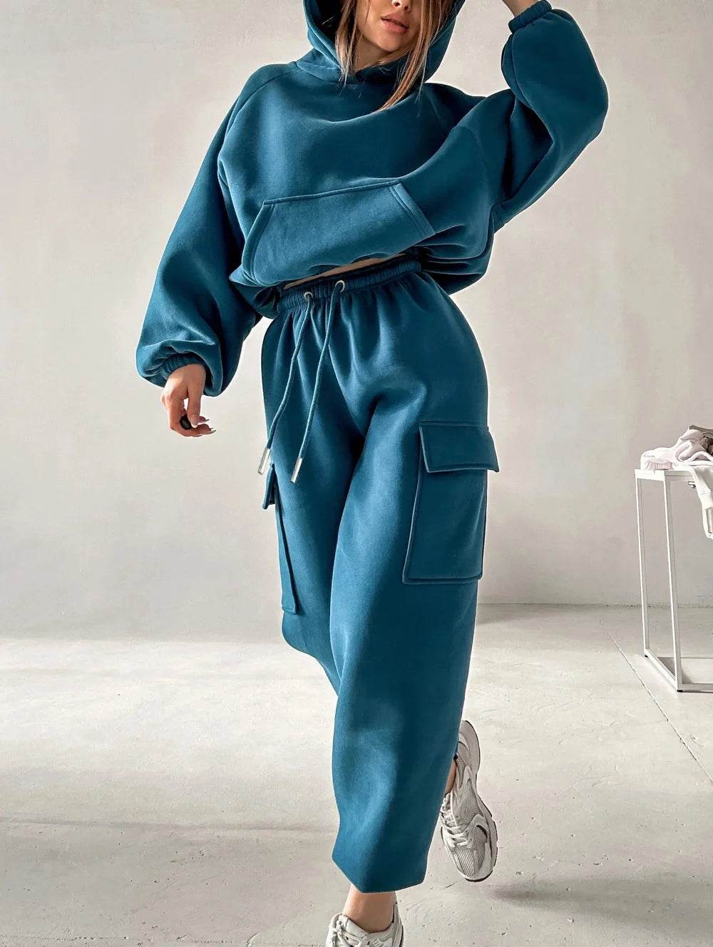 Hoodies Suit Winter Autumn Solid Casual Tracksuit Women Fleece 2 Pieces Set Sports Sweatshirts Pullover Jogger Sweatpants Outfit - AIAZ