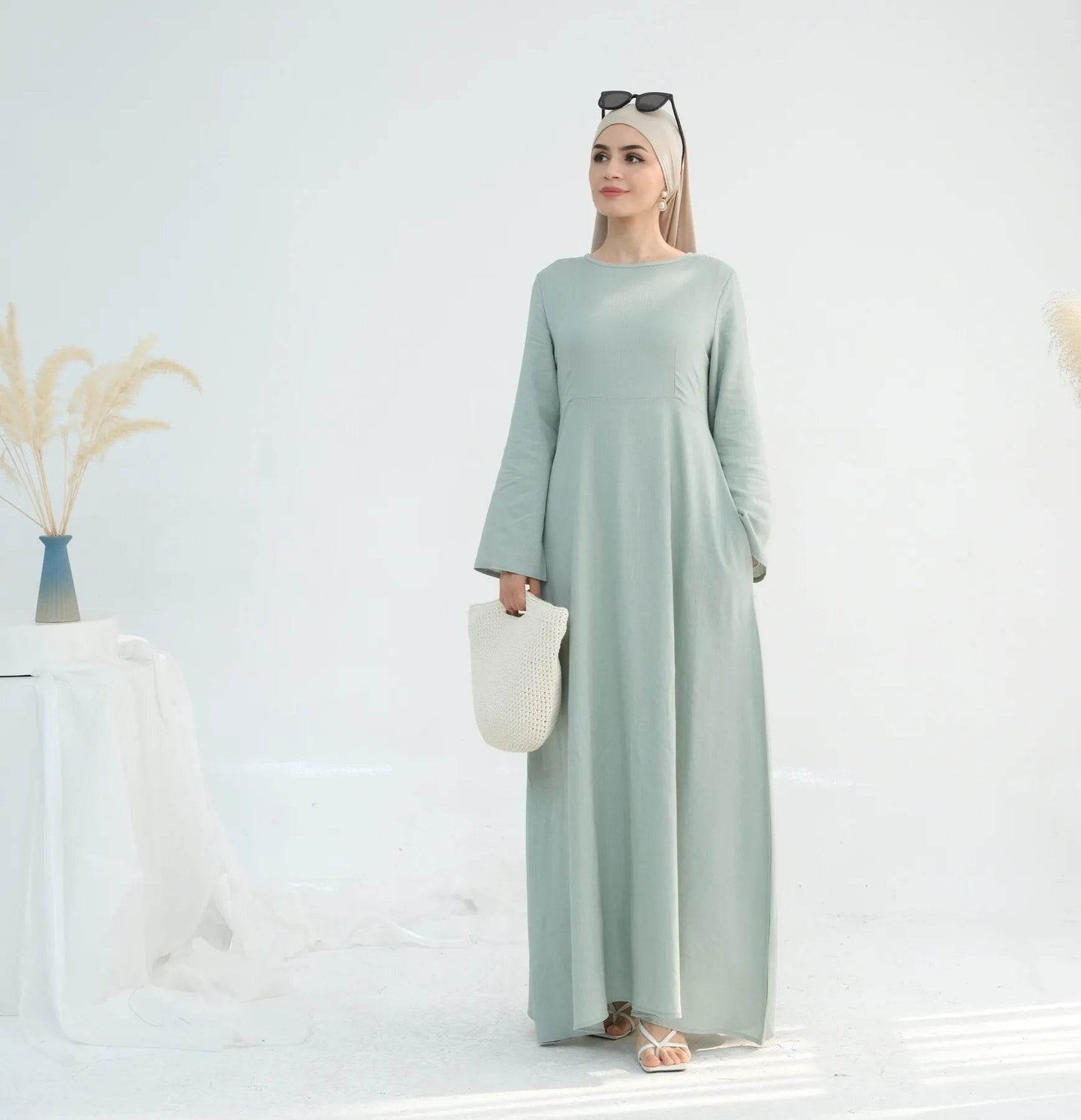 Muslim Women Long Loose Maxi Dress Dubai Turkey Solid Color Cotton Linen Waist Robe Abaya - AIAZ