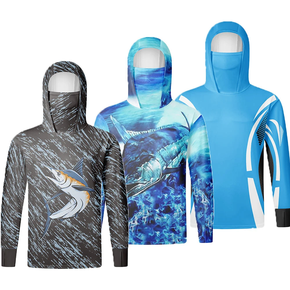 Fishing Shirts Long Sleeve Hoodie UPF 50+ T-shirt Tops Sun Protection Jersey Men's Face Mask Fishing Clothes