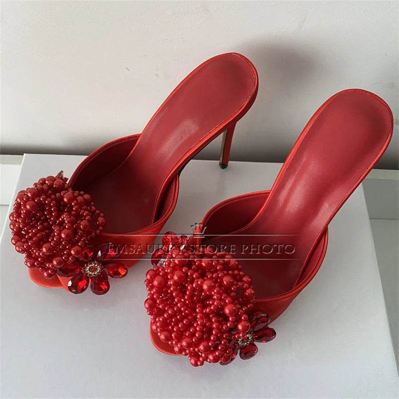 Crystal Beads Flower Decor Sandals Women 10cm Stiletto Heel Slingbacks Luxury Satin Summer Mules For Girls - AIAZ