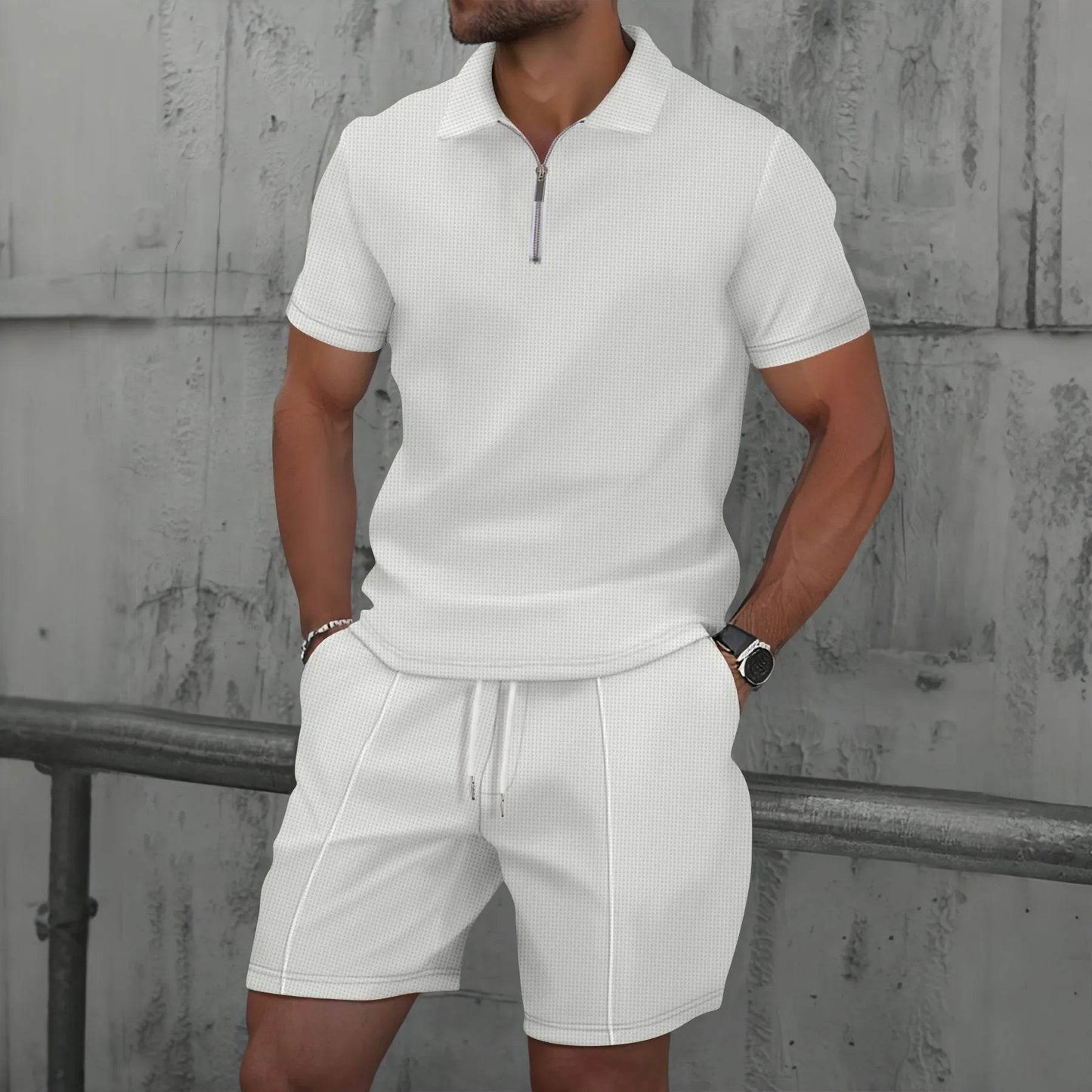 2025 Men Europe and the United States new summer Waffle solid color zip-up lapel short-sleeve suit shorts two sets - AIAZ