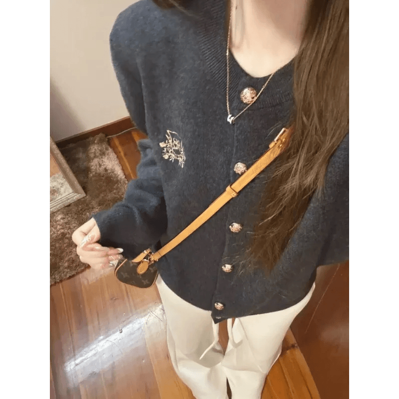 Gray Cardigan Sweater Women Loose Short Knit Coat For Spring And Autumn - AIAZ