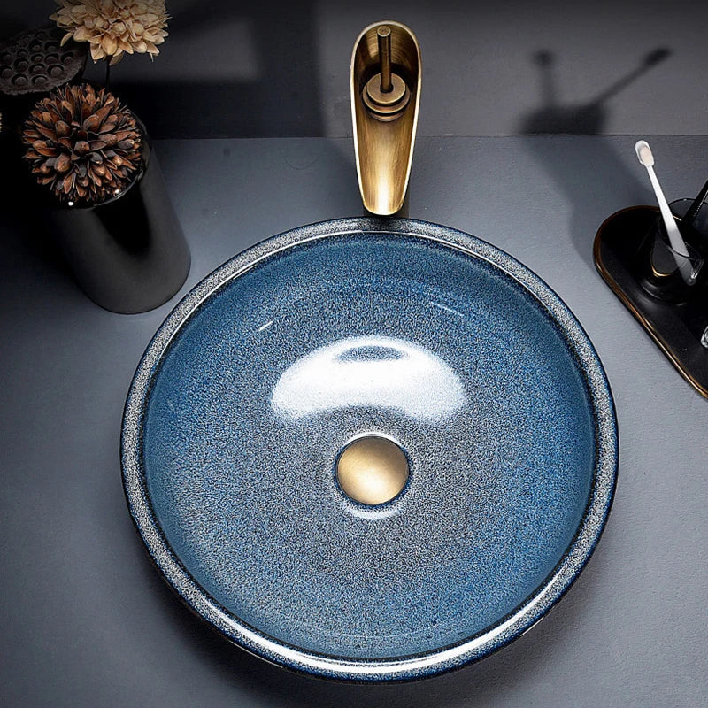 ZAPPO Round Vessel Sink with Faucet Drain JinDezhen Ceramic Vessel Sinks Oval Bathroom Sink Bowl Above Counter with Mixer Tap