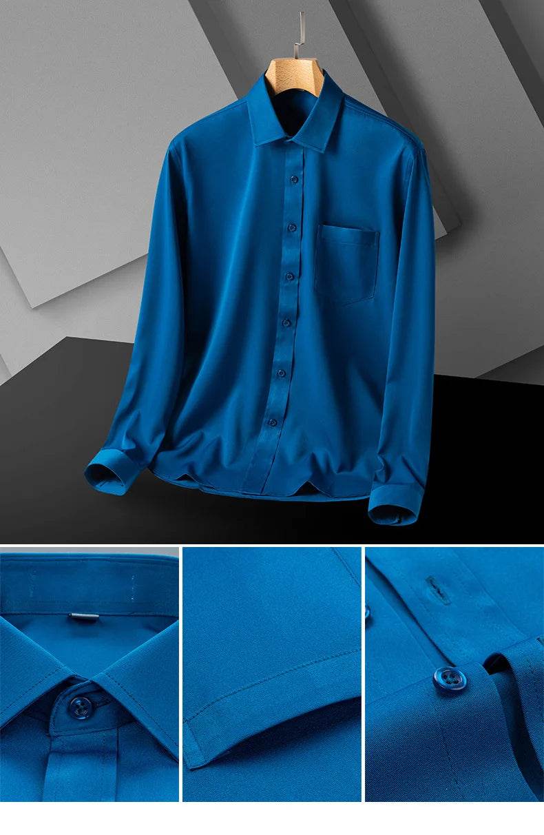 Classic Shirts For Men Long Sleeve Business Causal Stretch Soft Solid Formal Anti-wrinkle Non-iron Navy Party Wedding Blouse 5XL - AIAZ