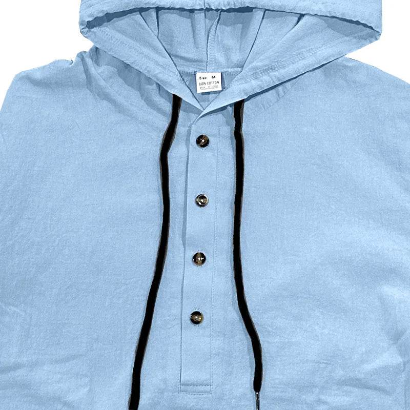 24 New cotton and linen shirts hooded loose large size casual sweater long sleeve hoodie men - AIAZ