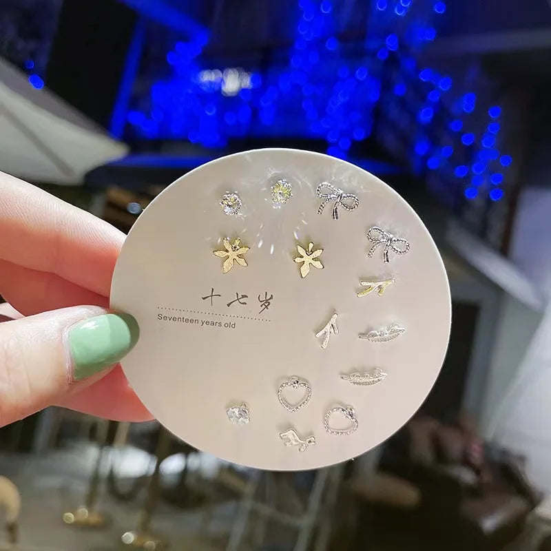 7 Pair/Set Korean Silver Color Fashion Geometric Female Small Earrings Multiple Pairs of Butterfly Cute Stud Earrings Jewelry