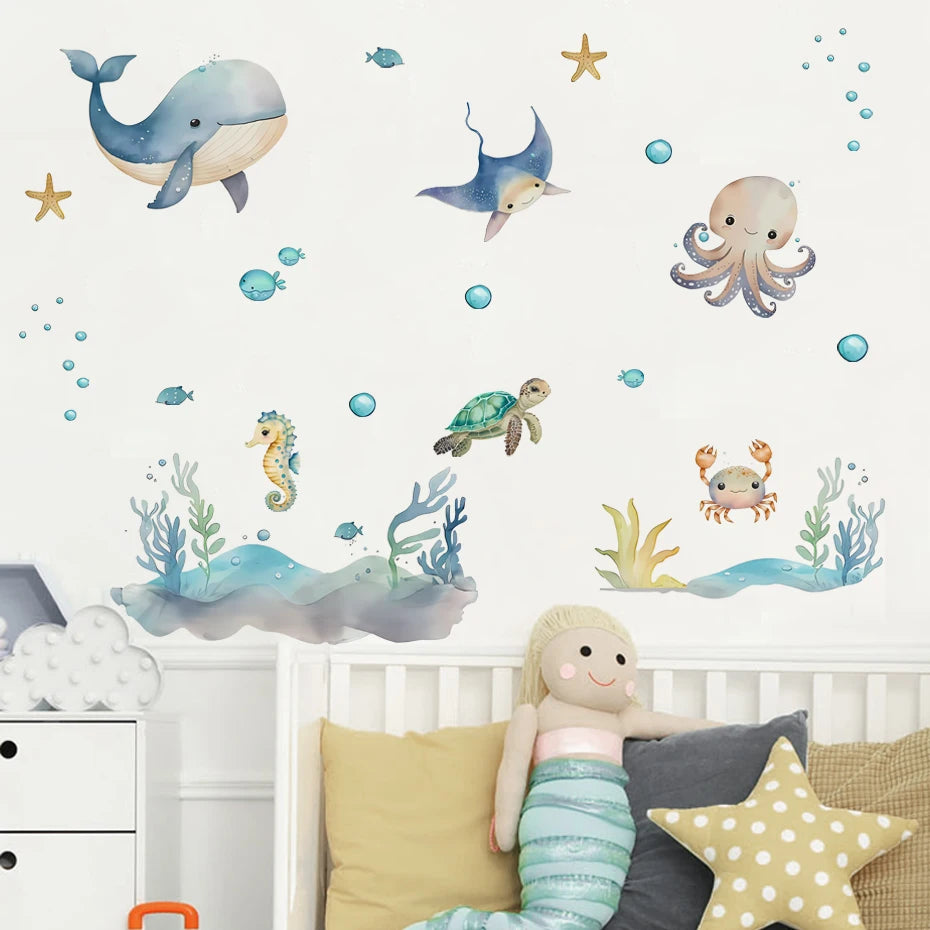 Watercolor Cartoon Ocean Fish Animal Wall Sticker Living Room Bedroom Sea Life Beach Landscape Wall Decal Home Decor