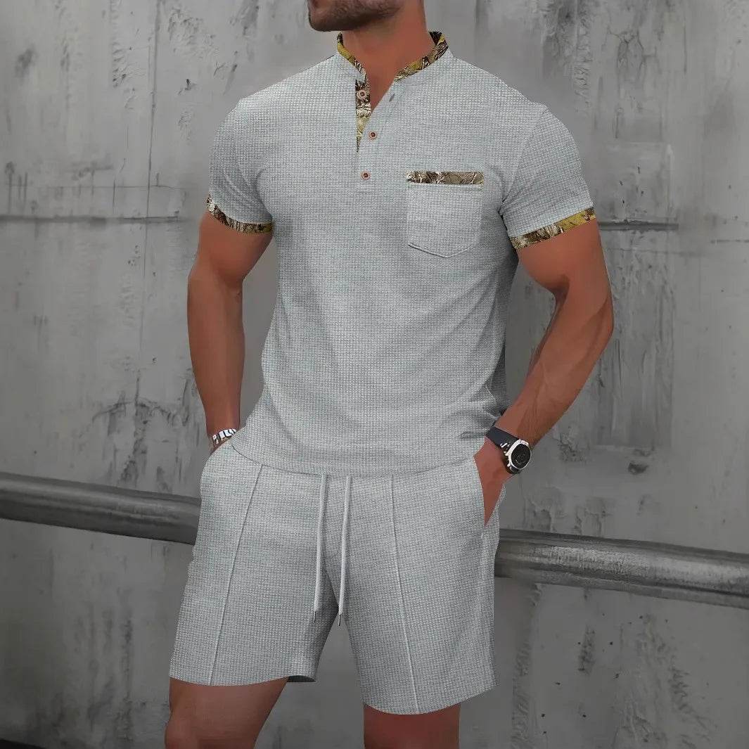 2025 Men Europe and the United States new summer Waffle solid color zip-up lapel short-sleeve suit shorts two sets - AIAZ