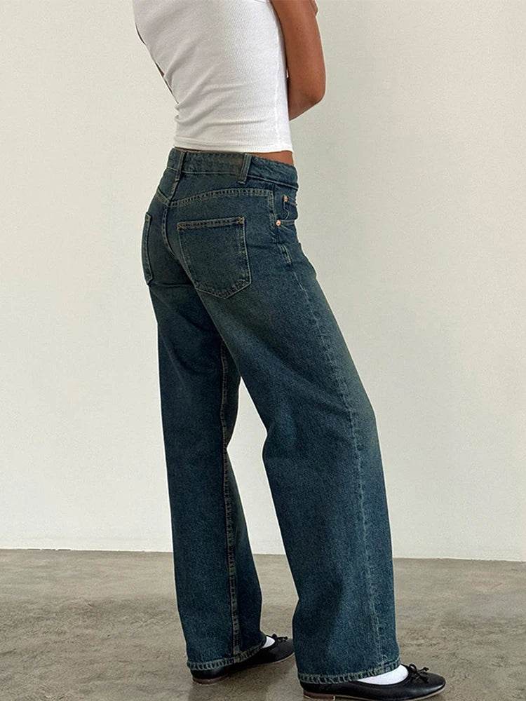 Women Vintage Aesthetic Y2k Low Rise Baggy Jeans Loose Fit Boyfriend Straight Wide Leg Jeans Trendy Stretch Long Denim Pants - AIAZ