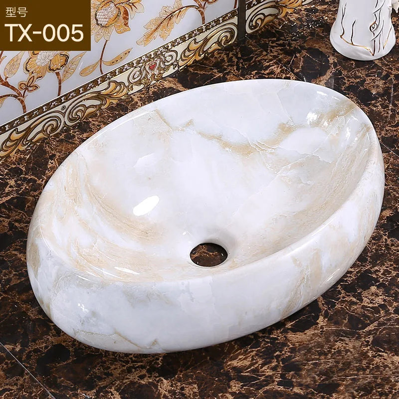 Marble Pattern Oval Bathroom Sink Home Stylish and Simple Ceramic Washbasin Hotel Balcony Countertop Art Basin for Washroom