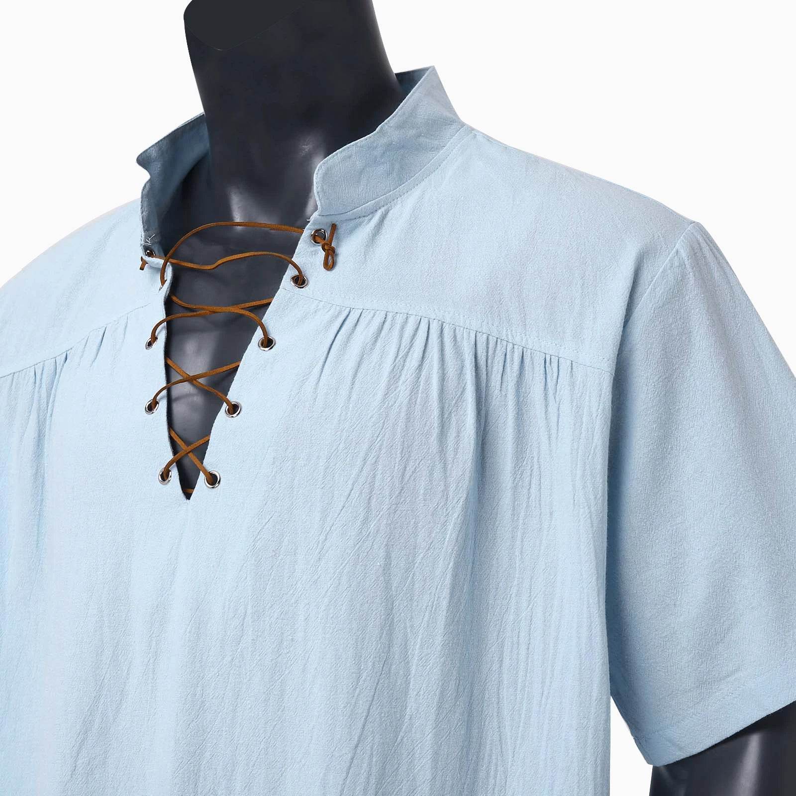 Medieval Costume Shirts Men Short Sleeve Vintage Renaissance V Neck Lace up Blouse Tops - AIAZ