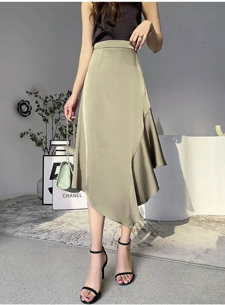 Elegant High Waist Satin Skirts Women Irregular Mermaid Skirt Fashion Streetwear Casual A-Line Skirts Office Lady Long Skirts - AIAZ