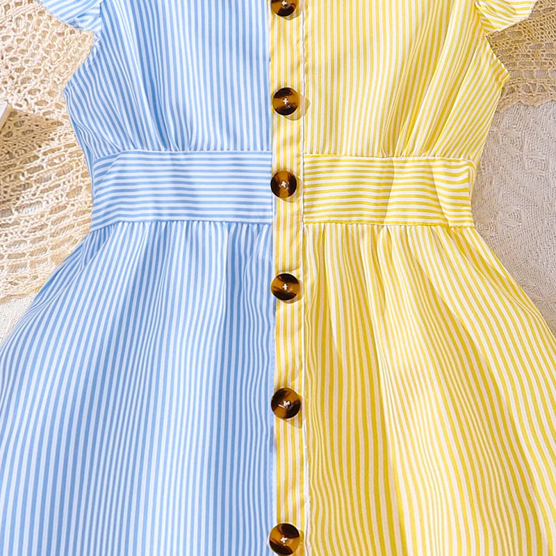 Girl Dress Summer New Light Blue Stripe Ruffled Sleeveless V-Neck Dress Elegant Cute Daily Casual Vacation Preppy Style Outifits