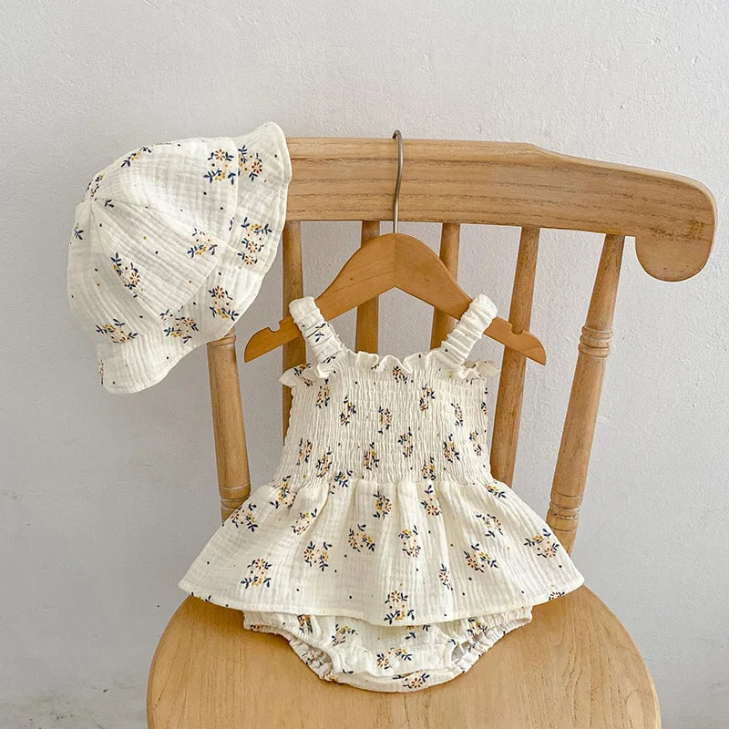 2PCS Summer Linen Floral Infant Newborn Baby Girls Bodysuit Active Floral Babe Camisole One Piece Tutu Dress With Hat Set