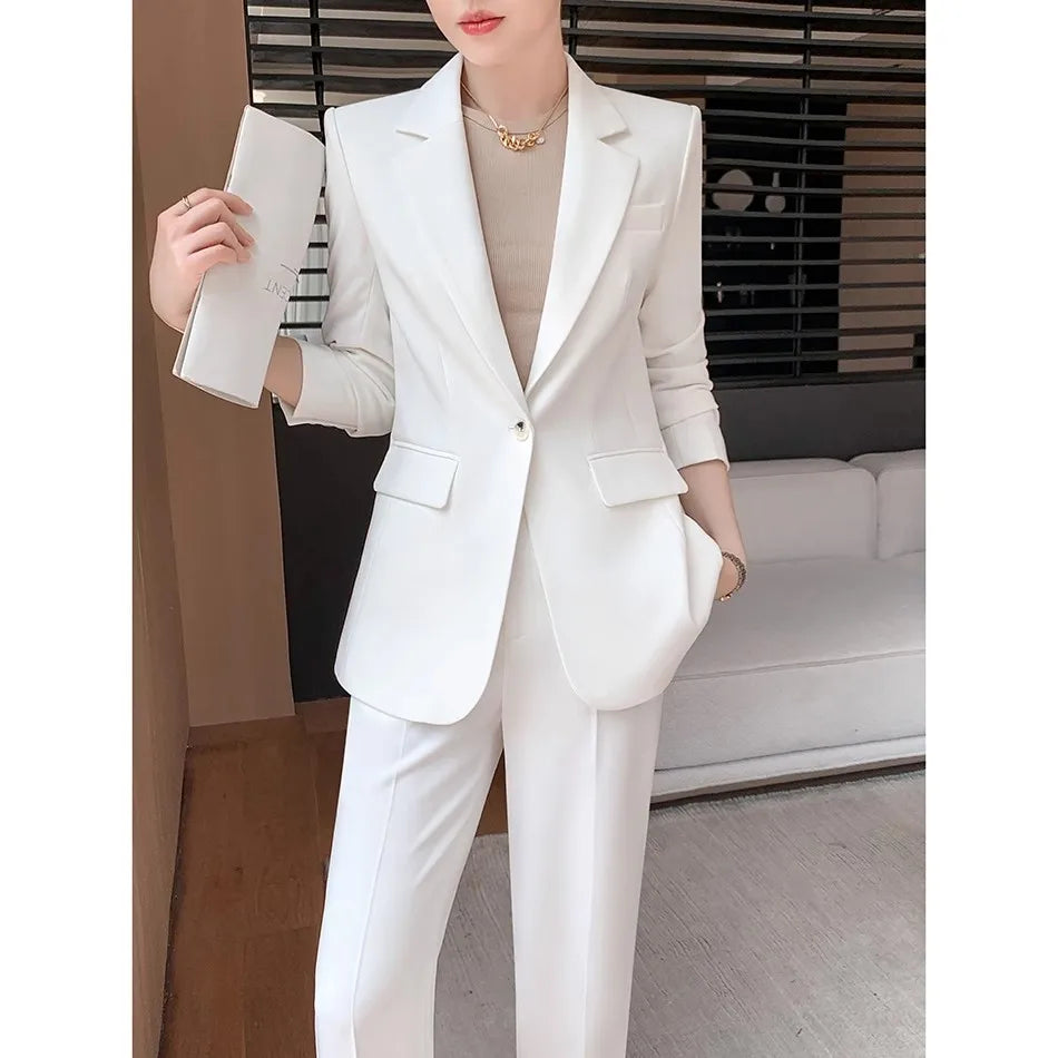 Solid White Suit Women 2025 New Spring Autumn Flares Pants High-Grade Slimming Business Clothing Sets Formal Suits Overalls