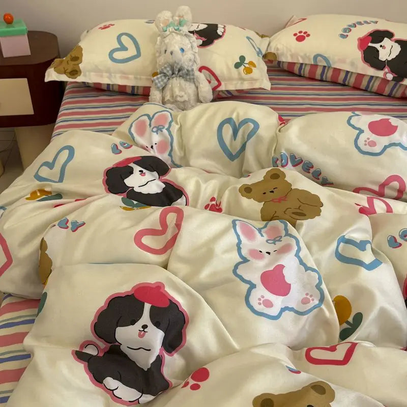 Cute Bear Duvet Cover Set with Zipper Pink Heart Bed Sheet Pillowcases No Filler Twin Queen Size Girls Boys Gift Bedding Set