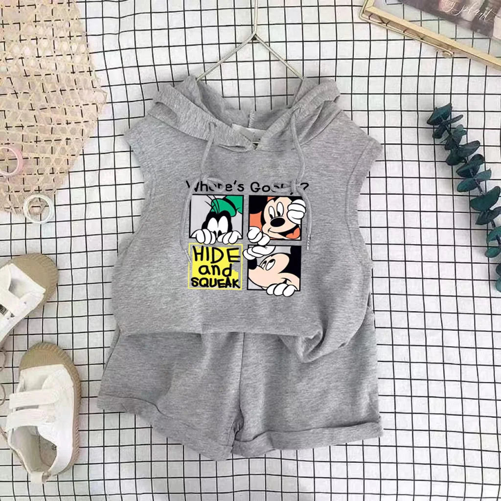 Cartoon Mickey T-shirt Vest+Shorts 2Pcs Suit Children's Sets Children's Top and Bottom Clothes Set Clothing Kids Outfits Disney