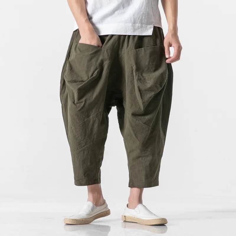 2025 Men Linen Pants Mens Wide Crotch Harem Pants Man Chinese Style Ankle-Length Pants Male Wide-Legged Bloomers Trousers - AIAZ