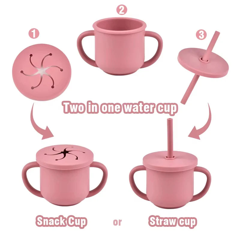 9PCS/Set BPA Free Silicone Baby Feeding Set Sucker Bowl Divided Dinning Plate Straw Cup Spoon Fork Adjustable Bib Child Dishes