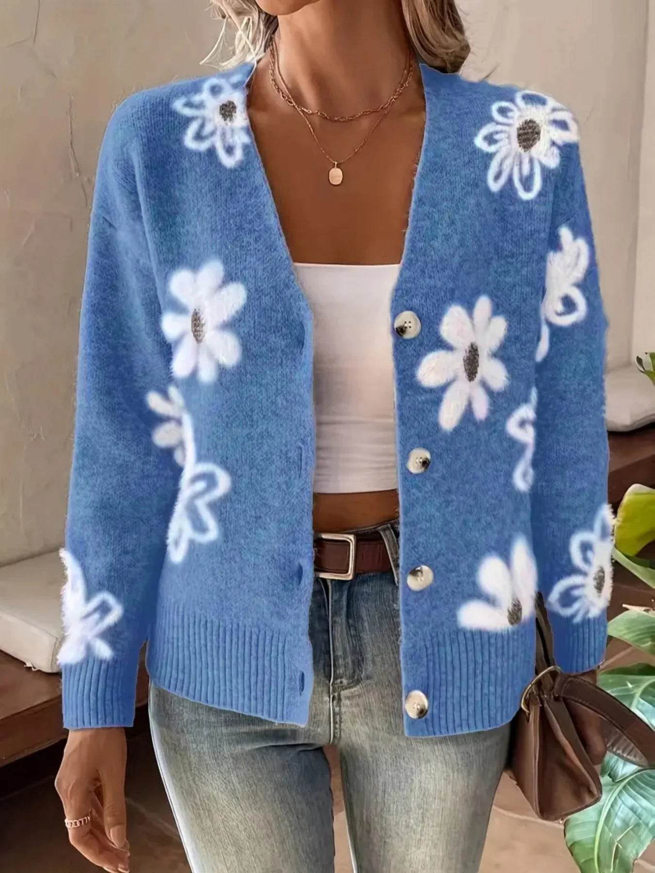 Women's Cardigan Floral Pattern Casual Knit Sweater Elegant Cute Single Breasted Long Sleeve V-Neck Spring Autumn Outwear - AIAZ