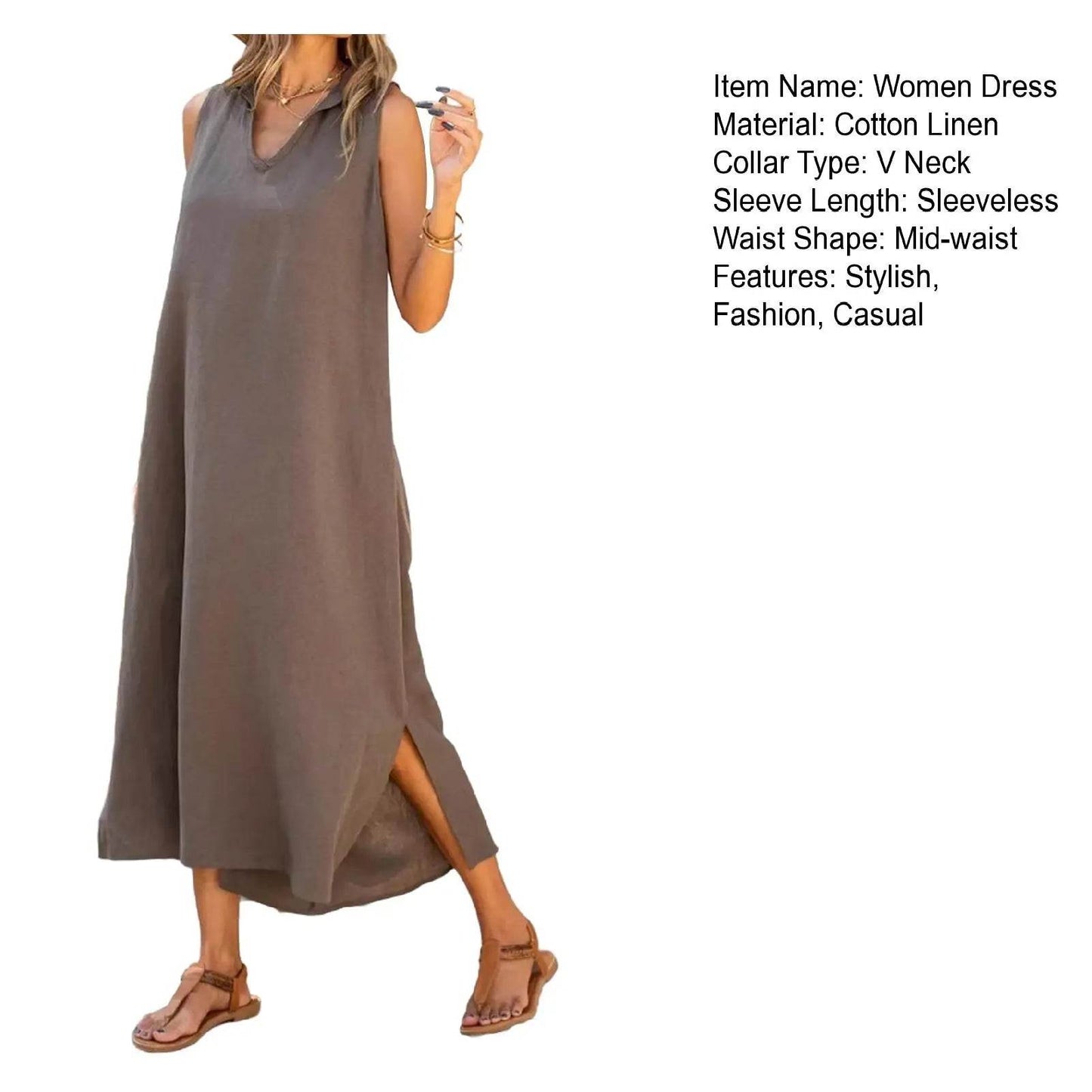 Dresses Woman Party Night V Neck Solid Color Tank Dress Cotton Linen Casual Loose Sundress Plain Long Dresses Vestidos Largos - AIAZ