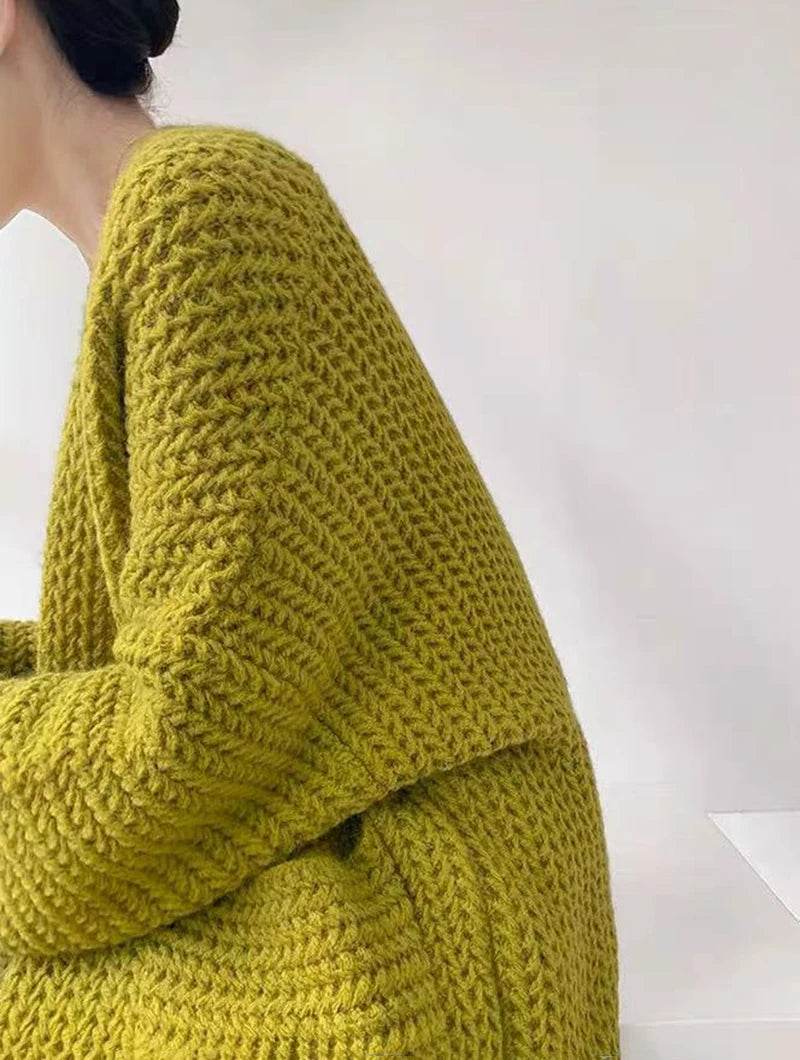 Korean Cardigan Sweater for Women Autumn Winter Loose Lazy Style Female Midi Knit Coats Fashion V Neck Casual Big Pocket Jumpers - AIAZ