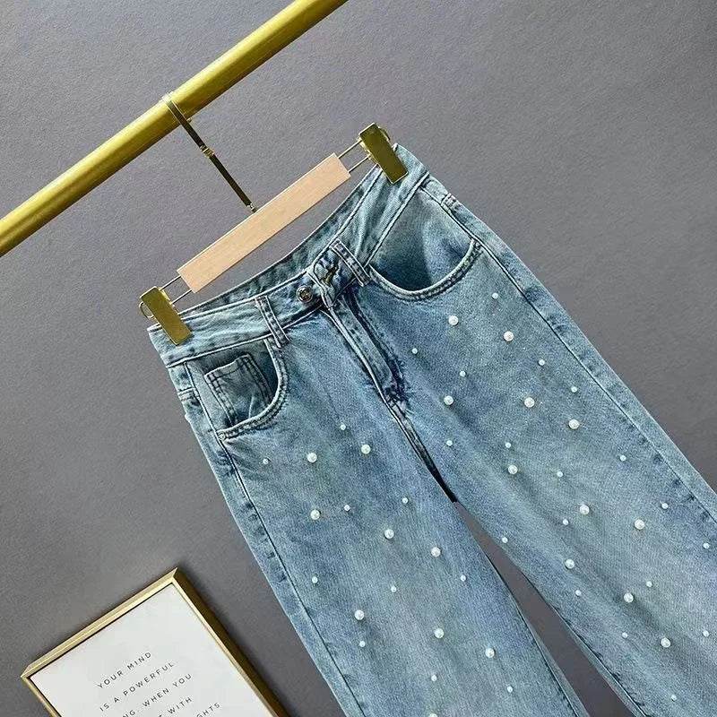Denim Pants Fashion Beaded Jeans Wide-Leg Pants Female Tide 2025 New Spring And Summer High Waist Loose Mop Pants - AIAZ