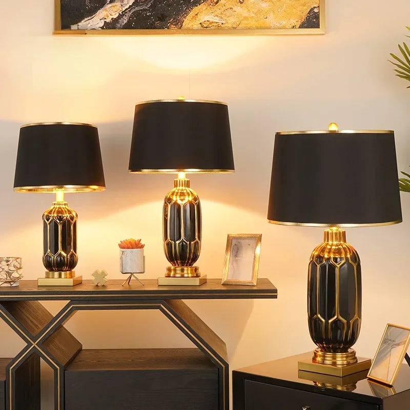 Chinese Black Ceramic Desk Lamp Nordic Modern Luxury Living Room Bedroom Bedside Study Table Lamp Atmosphere Sense Decoration