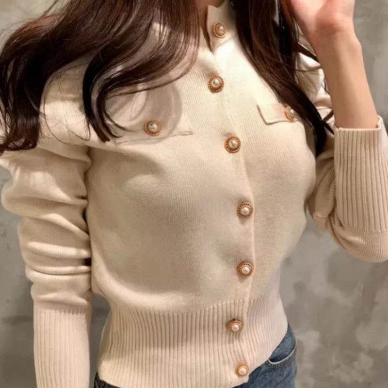 Women's Cardigan Sweater Decorative Pocket Button Solid Color Knitted Single-Breasted Jacket Women's Clothing - AIAZ