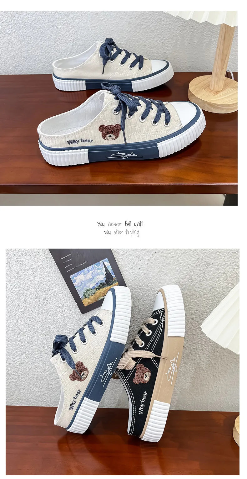 Women Cute Bear Canvas Shoes New Flat Casual All-match Half Slippers Korean Version Trend Lace Up Ladies Vulcanized Shoes 2024