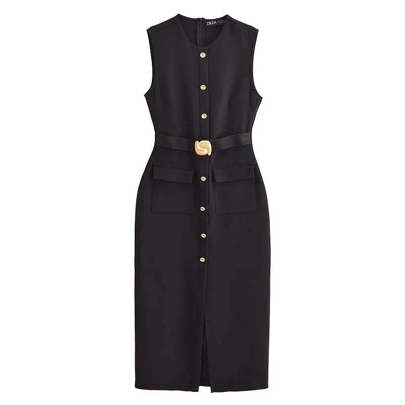 MUJER 2025 Womens Dresses Black Office Long Dresses for Women Spring Sleeveless Midi Dress Woman Belt Button Women's Dress Vest - AIAZ
